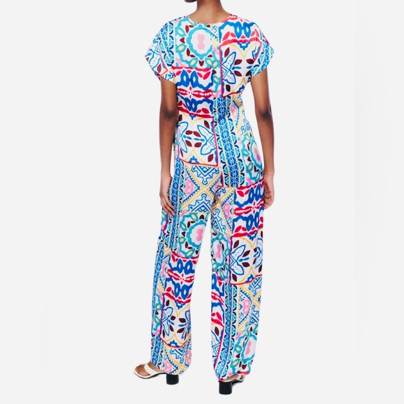 NEW Zara Satin Effect Abstract Print Wide Leg Jumpsuit Blue Yellow Red Small - Picture 8 of 10